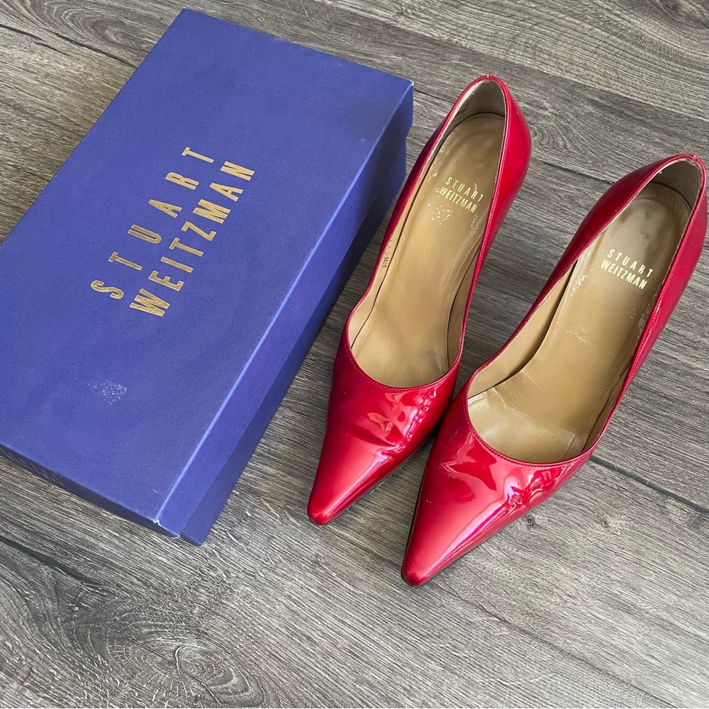 Stuart Weitzman red quasar patent pumps, 36.5